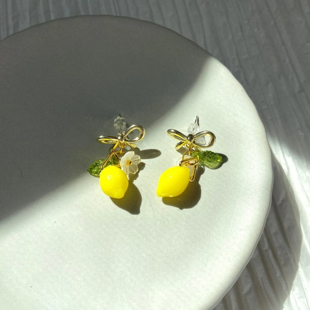 Lemon Fruit Flower‎ Blossom Gold Tone Bow Dangle Drop Earrings - Picture 8 of 10